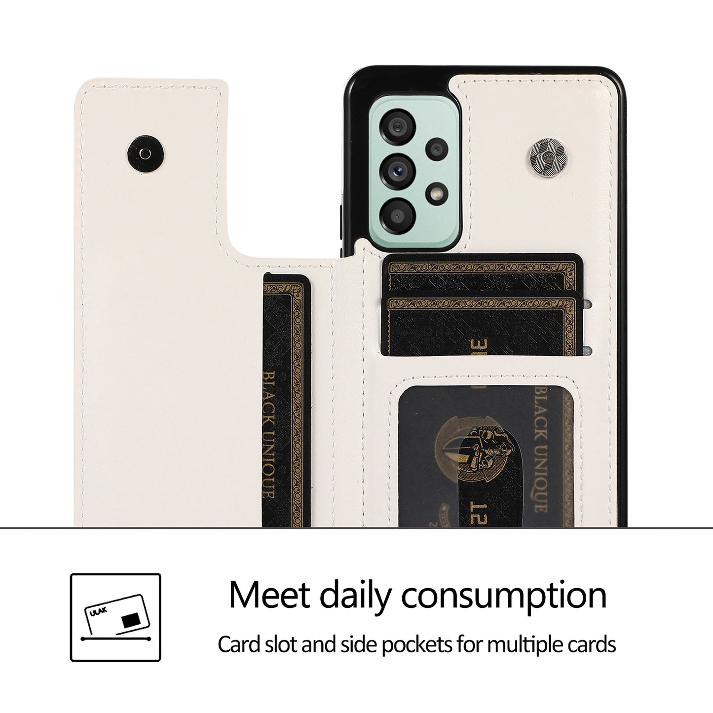 For Samsung Galaxy A53 5G Dual Buttons Card Slots Kickstand Back Cover PU Leather Coated TPU Phone Case