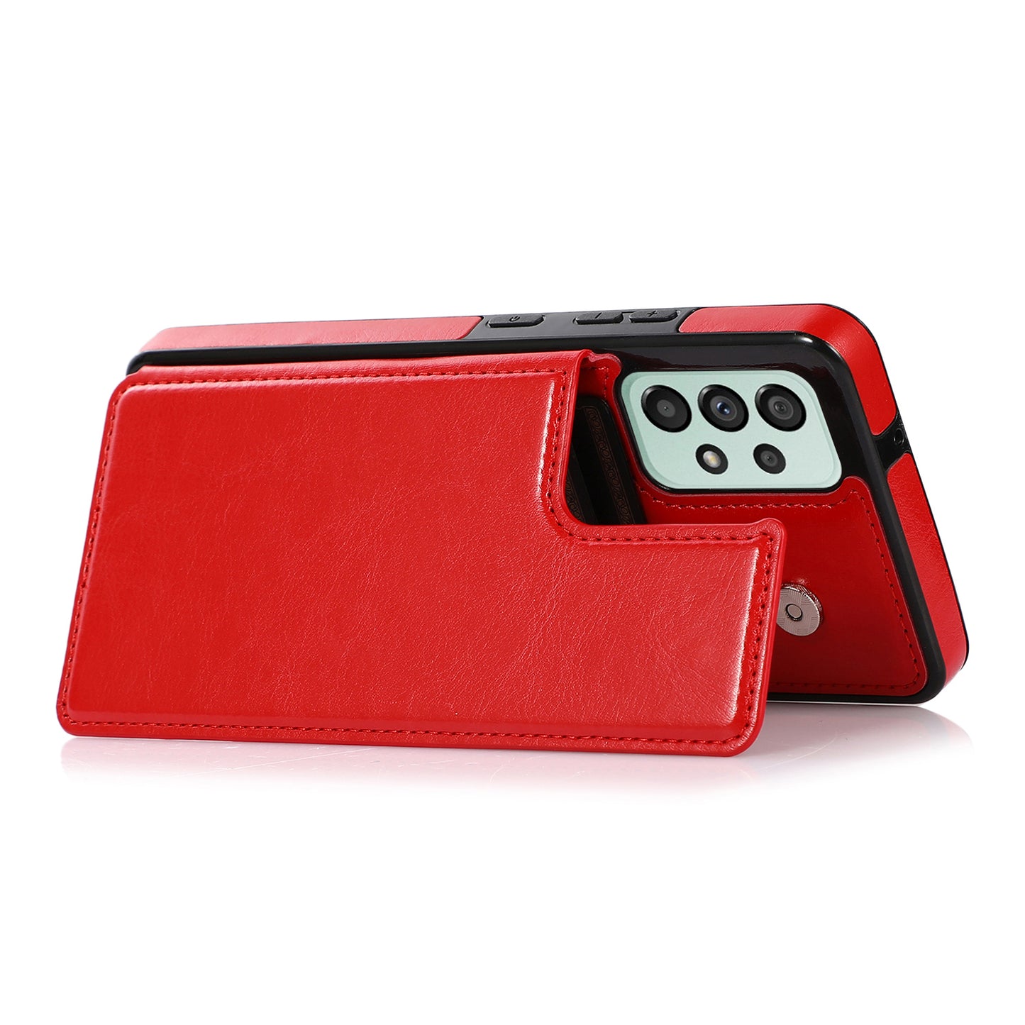 For Samsung Galaxy A53 5G Dual Buttons Card Slots Kickstand Back Cover PU Leather Coated TPU Phone Case