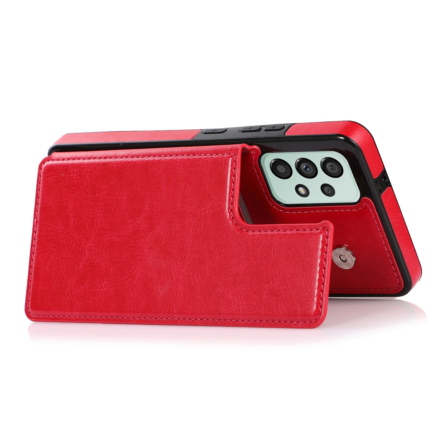 For Samsung Galaxy A53 5G Dual Buttons Card Slots Kickstand Back Cover PU Leather Coated TPU Phone Case