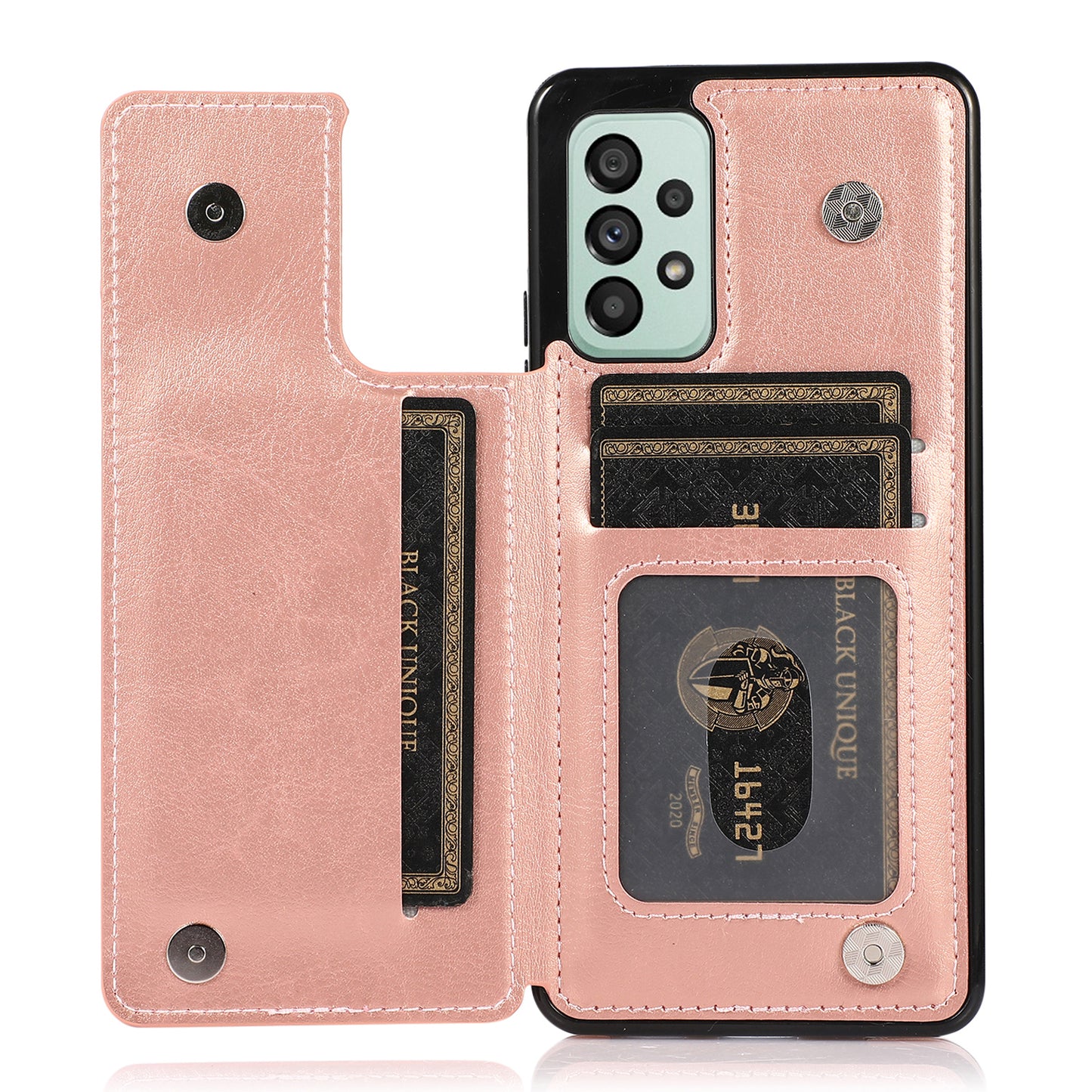 For Samsung Galaxy A53 5G Dual Buttons Card Slots Kickstand Back Cover PU Leather Coated TPU Phone Case