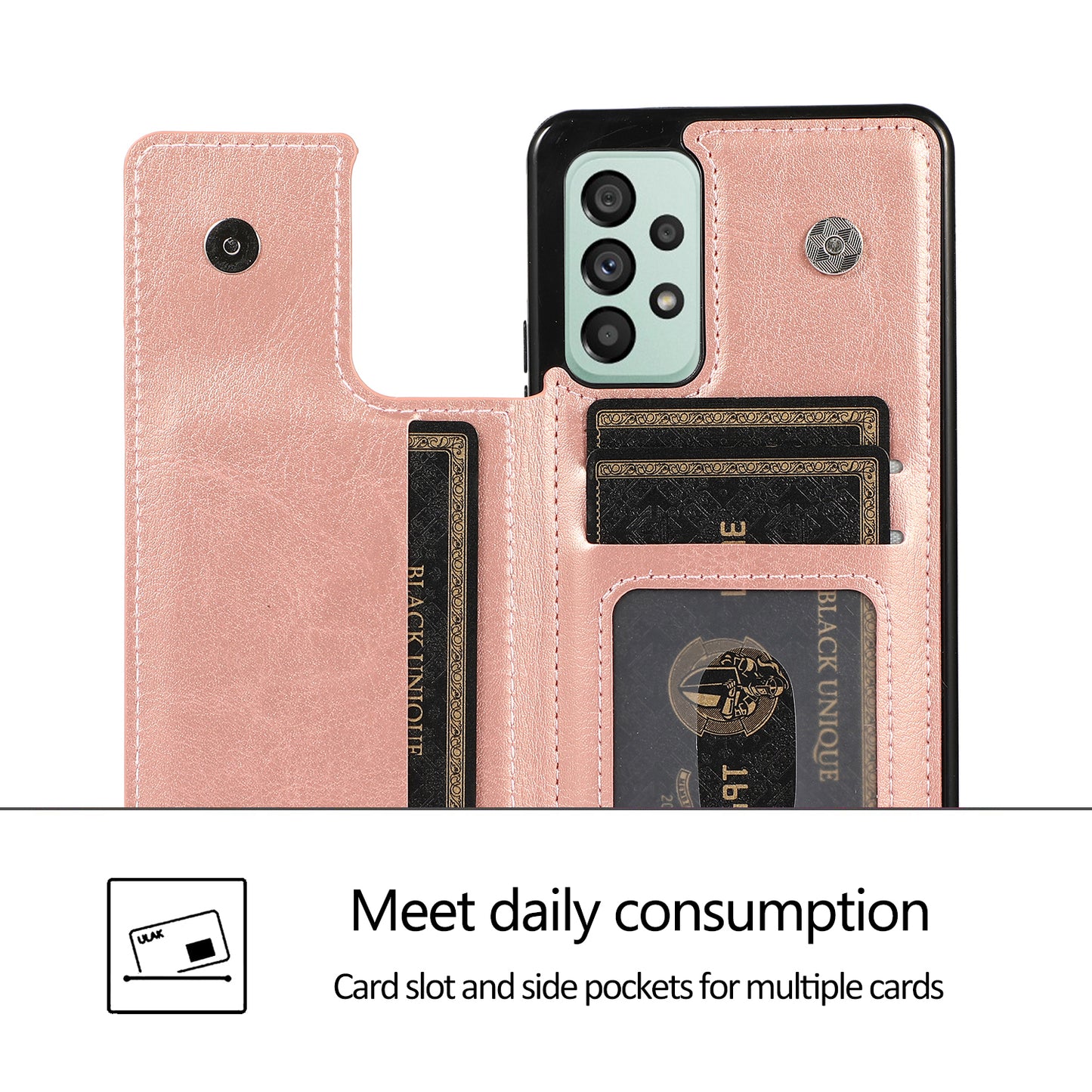 For Samsung Galaxy A53 5G Dual Buttons Card Slots Kickstand Back Cover PU Leather Coated TPU Phone Case