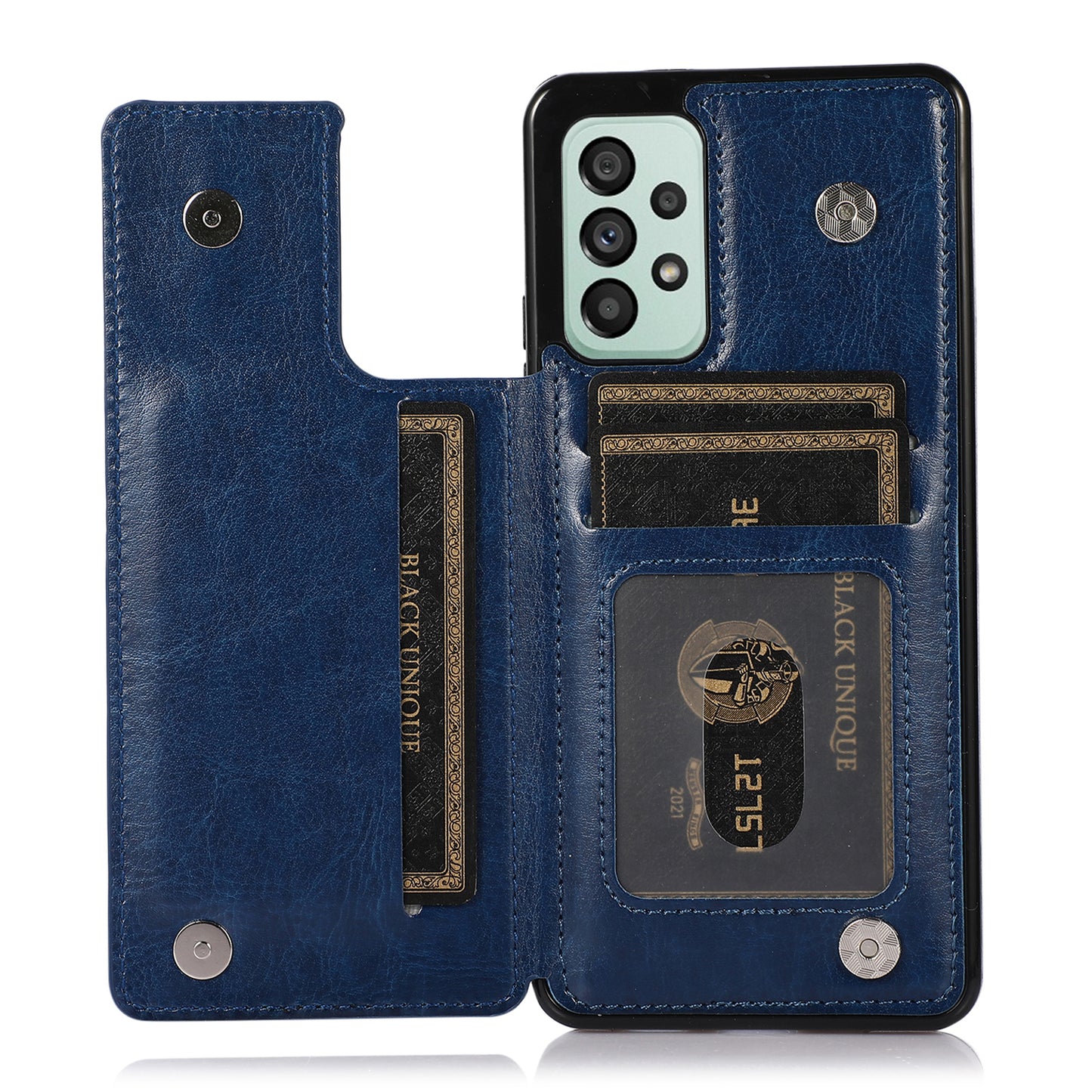 For Samsung Galaxy A53 5G Dual Buttons Card Slots Kickstand Back Cover PU Leather Coated TPU Phone Case