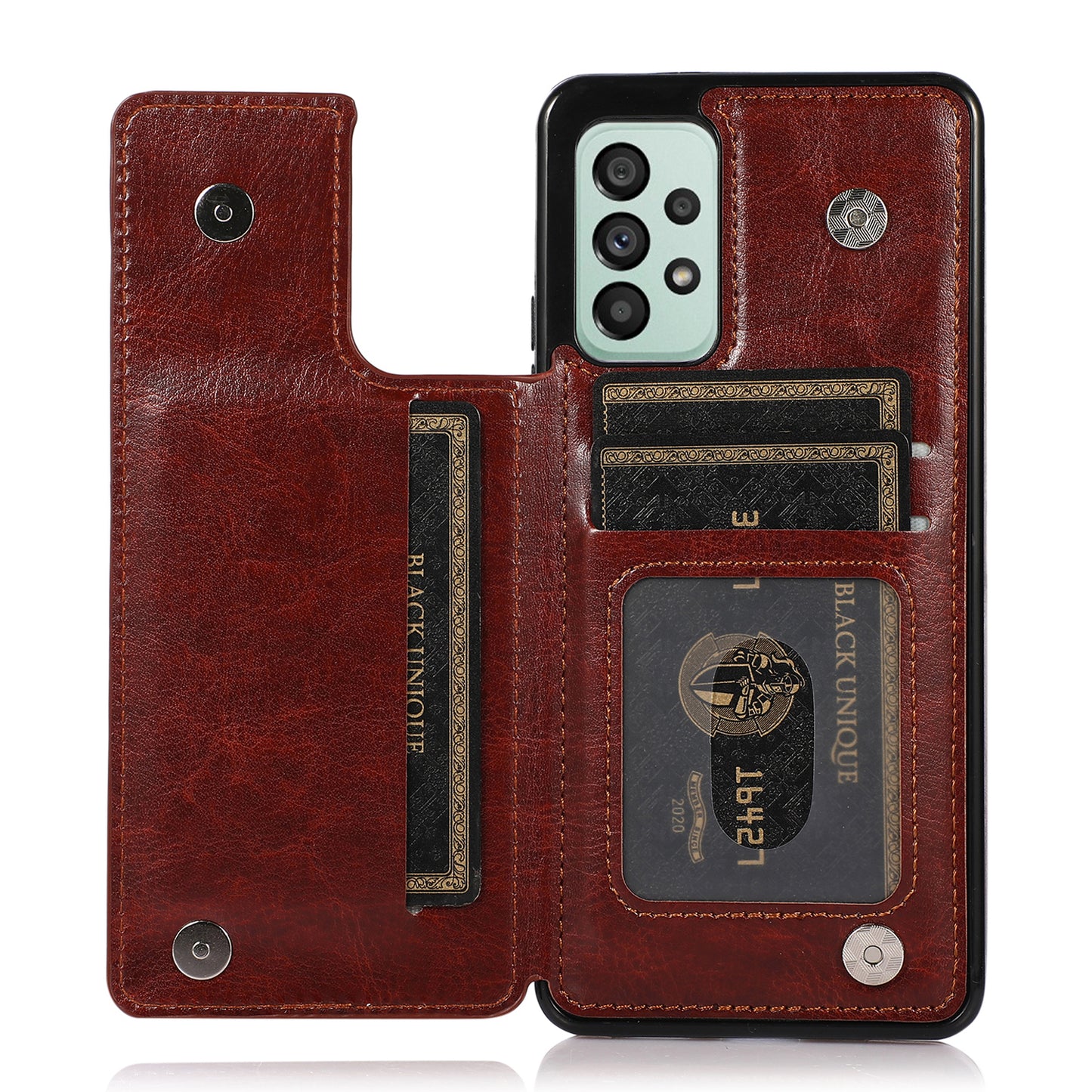 For Samsung Galaxy A53 5G Dual Buttons Card Slots Kickstand Back Cover PU Leather Coated TPU Phone Case