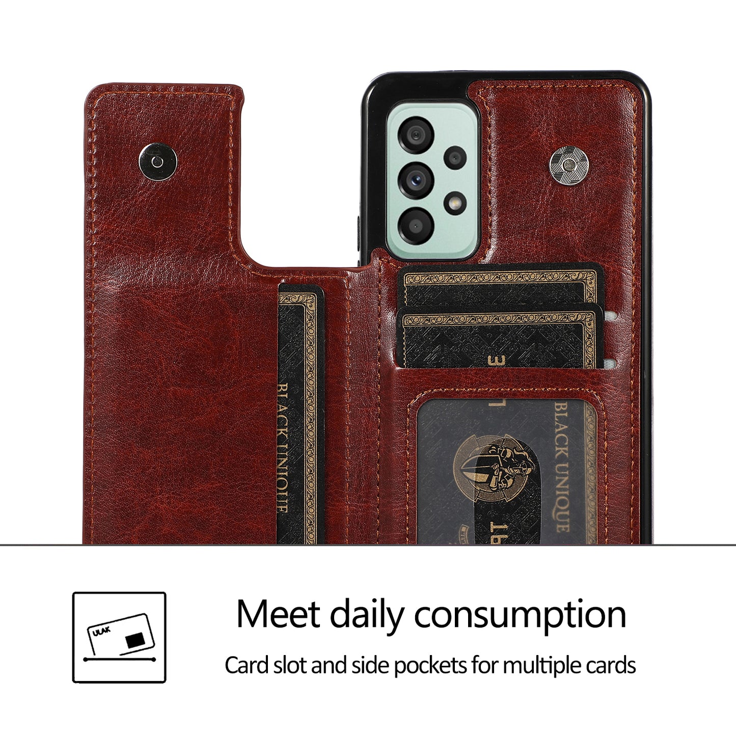 For Samsung Galaxy A53 5G Dual Buttons Card Slots Kickstand Back Cover PU Leather Coated TPU Phone Case