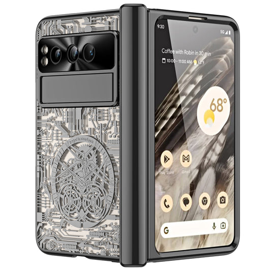 Folding PC Phone Case for Google Pixel Fold , Mechanical Legend Series Electroplating Cover with Tempered Glass Film