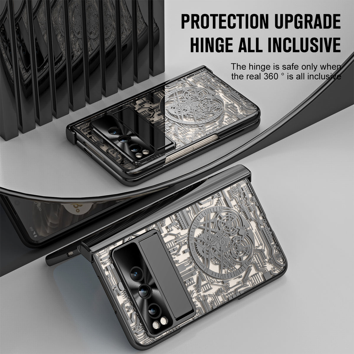 Folding PC Phone Case for Google Pixel Fold , Mechanical Legend Series Electroplating Cover with Tempered Glass Film