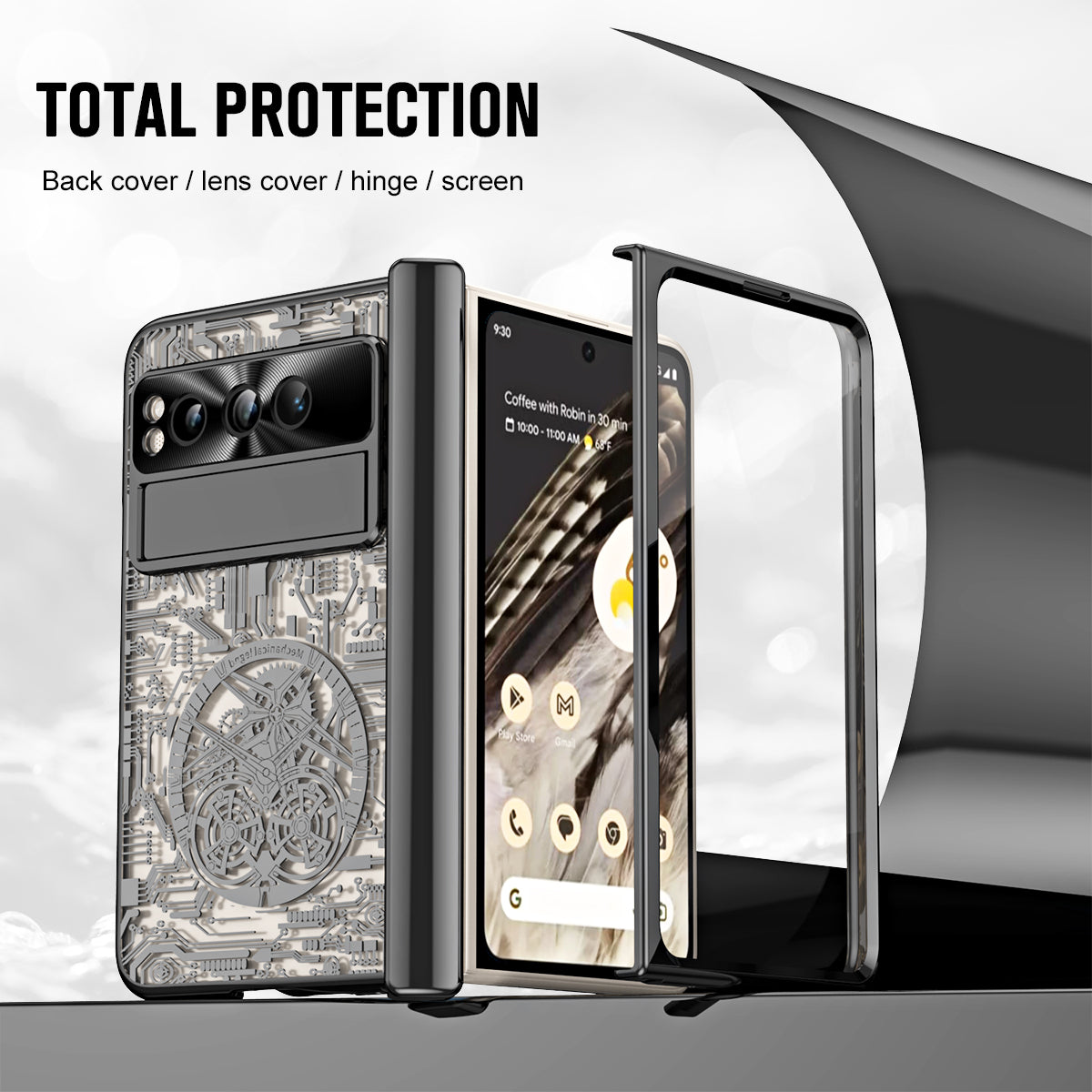 Folding PC Phone Case for Google Pixel Fold , Mechanical Legend Series Electroplating Cover with Tempered Glass Film