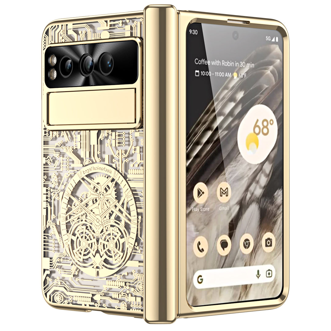 Folding PC Phone Case for Google Pixel Fold , Mechanical Legend Series Electroplating Cover with Tempered Glass Film