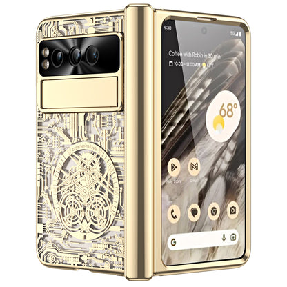 Folding PC Phone Case for Google Pixel Fold , Mechanical Legend Series Electroplating Cover with Tempered Glass Film