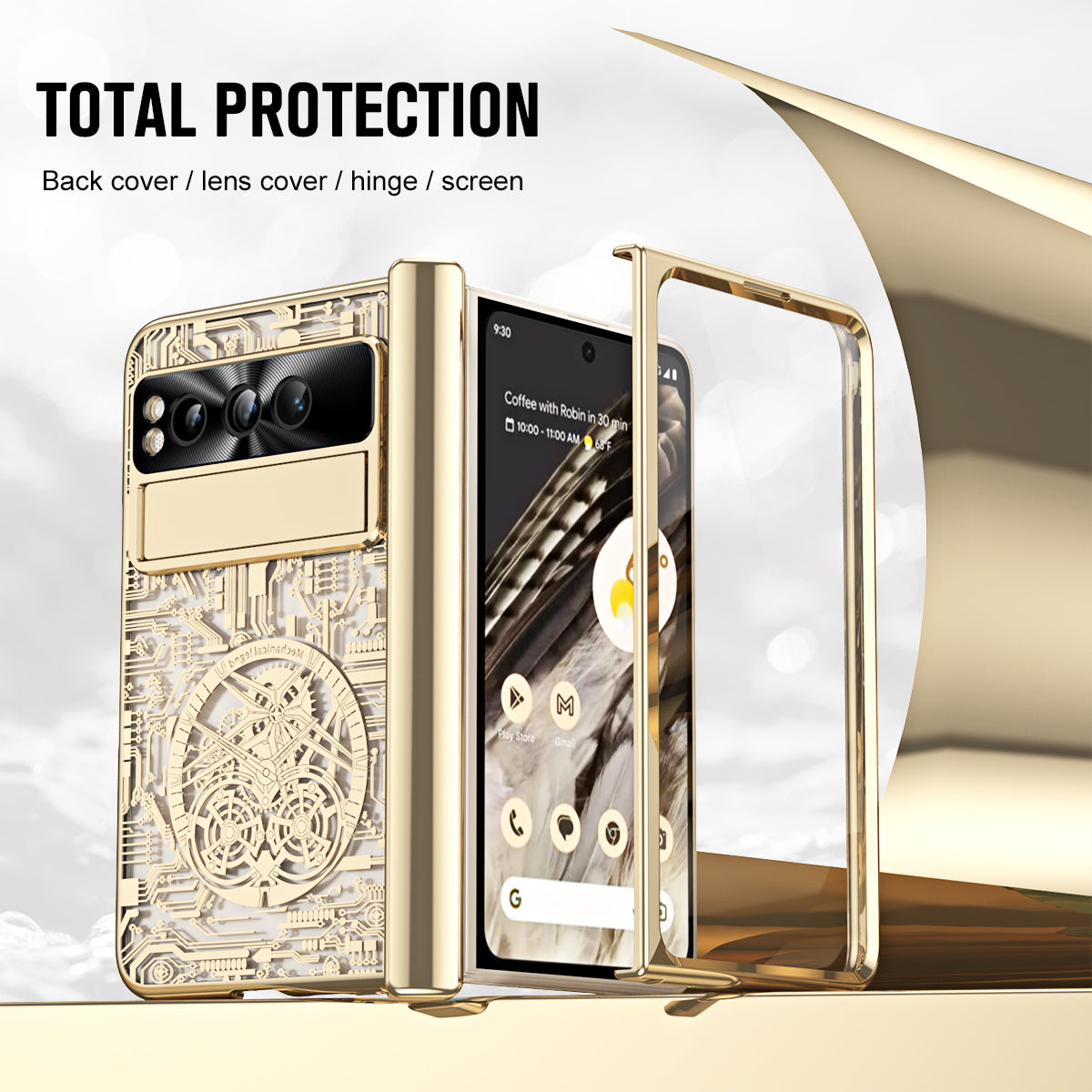 Folding PC Phone Case for Google Pixel Fold , Mechanical Legend Series Electroplating Cover with Tempered Glass Film