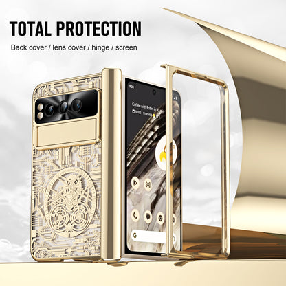 Folding PC Phone Case for Google Pixel Fold , Mechanical Legend Series Electroplating Cover with Tempered Glass Film