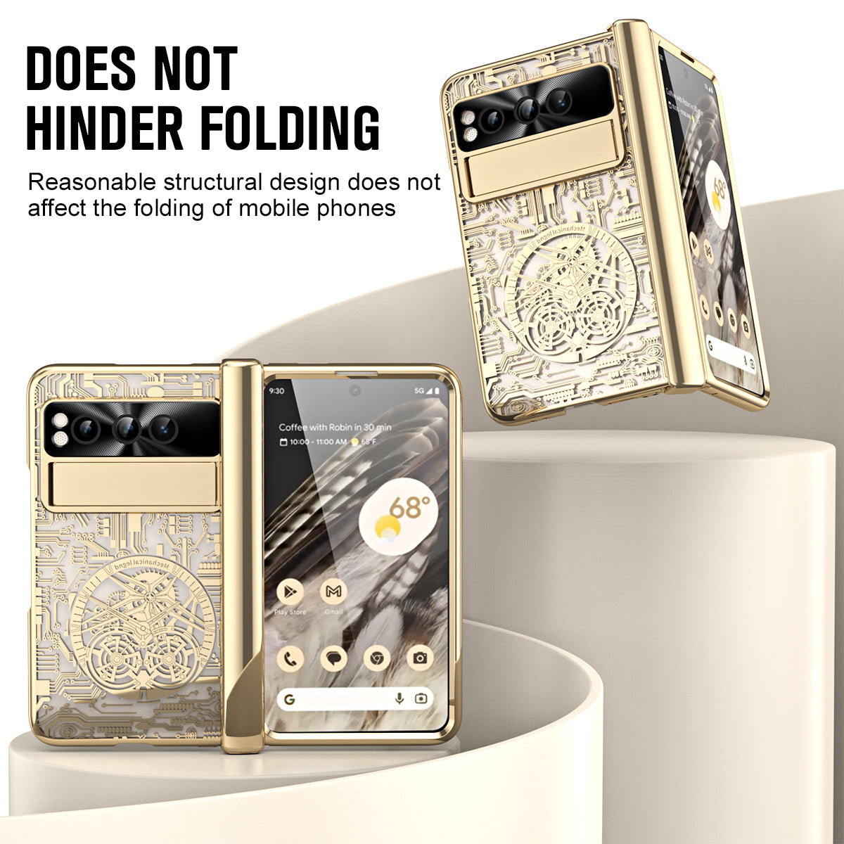 Folding PC Phone Case for Google Pixel Fold , Mechanical Legend Series Electroplating Cover with Tempered Glass Film