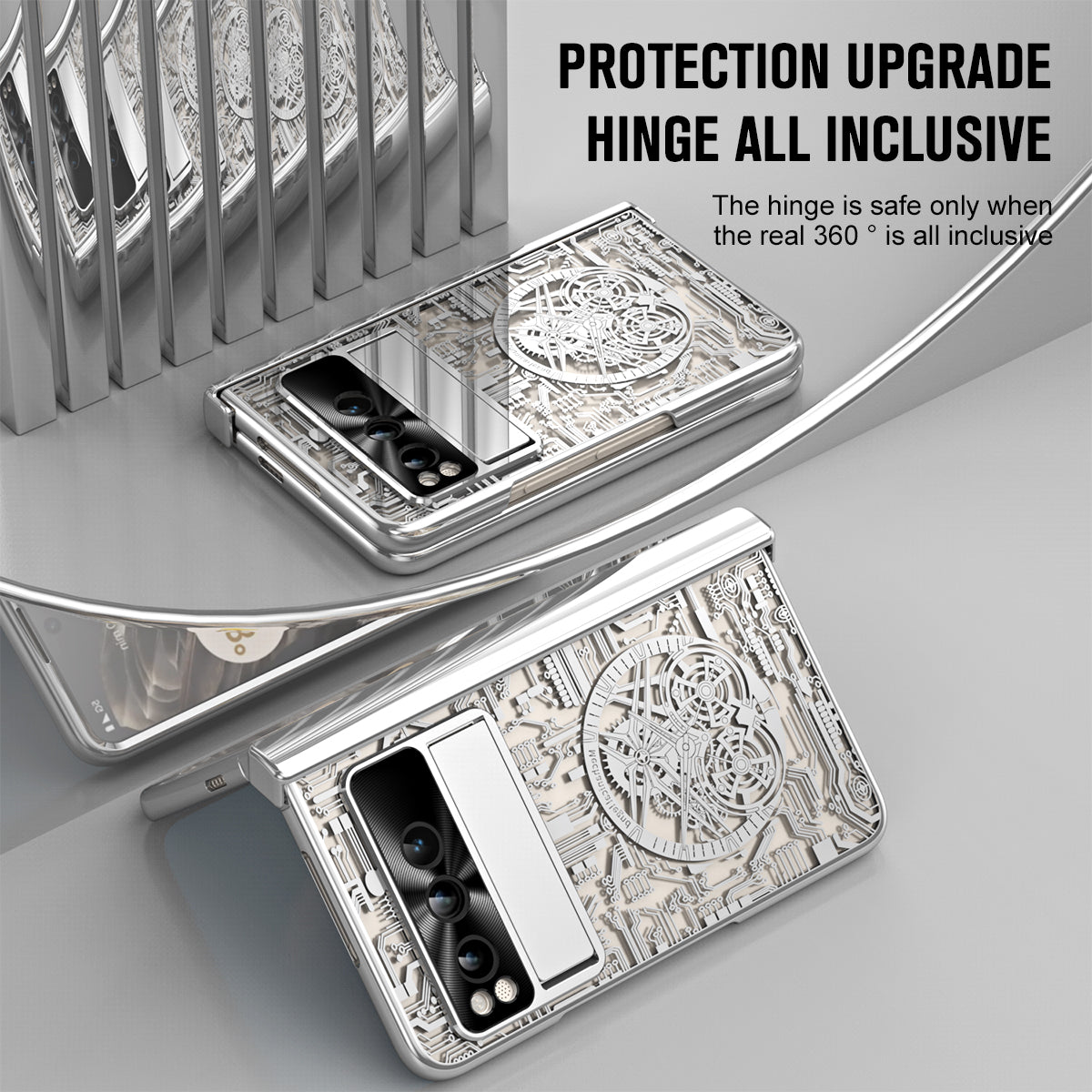 Folding PC Phone Case for Google Pixel Fold , Mechanical Legend Series Electroplating Cover with Tempered Glass Film