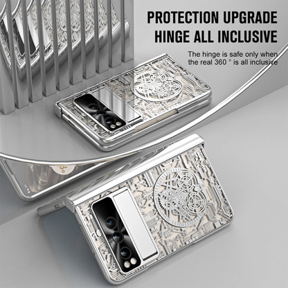 Folding PC Phone Case for Google Pixel Fold , Mechanical Legend Series Electroplating Cover with Tempered Glass Film