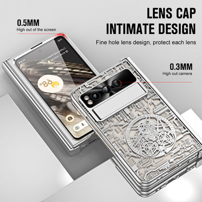 Folding PC Phone Case for Google Pixel Fold , Mechanical Legend Series Electroplating Cover with Tempered Glass Film