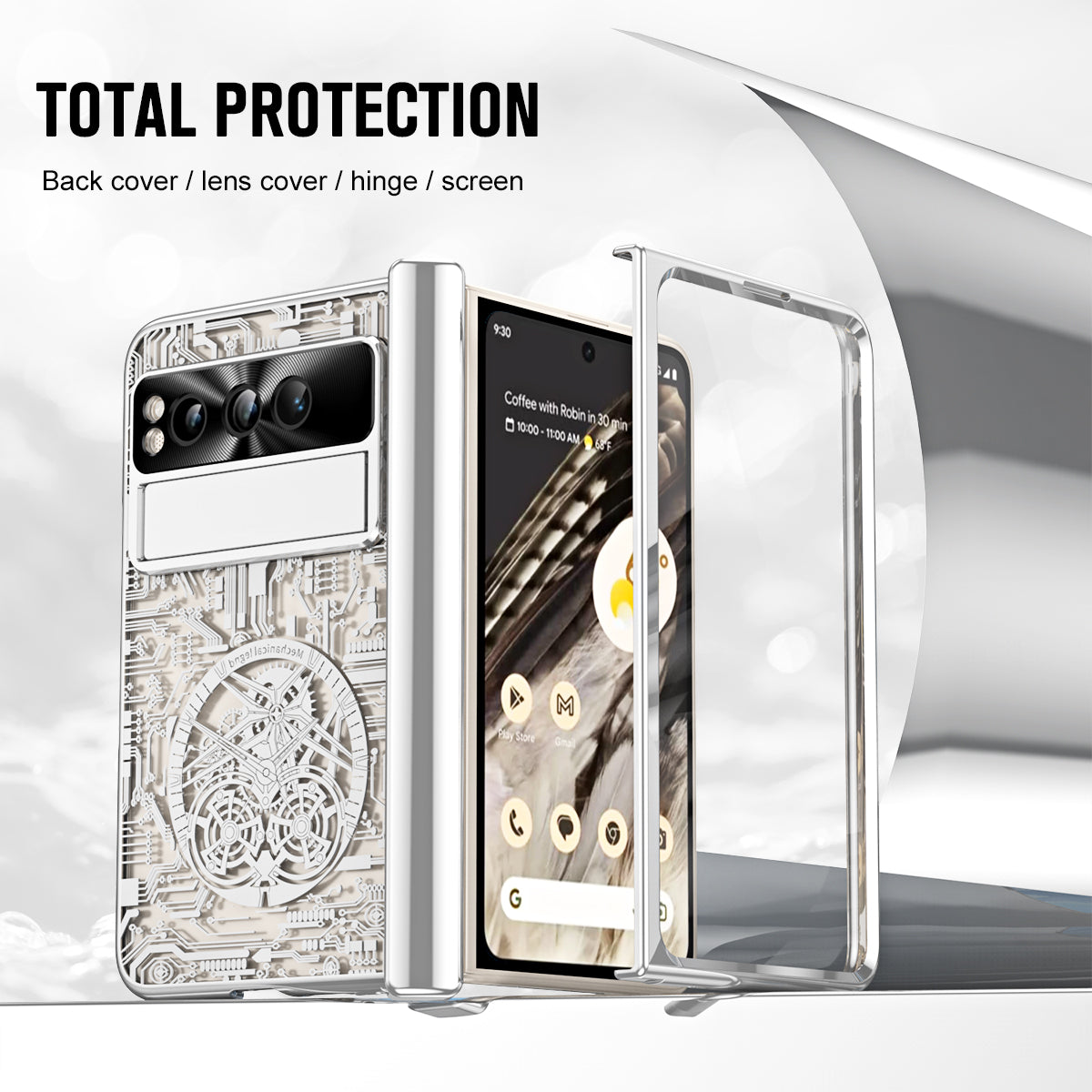 Folding PC Phone Case for Google Pixel Fold , Mechanical Legend Series Electroplating Cover with Tempered Glass Film