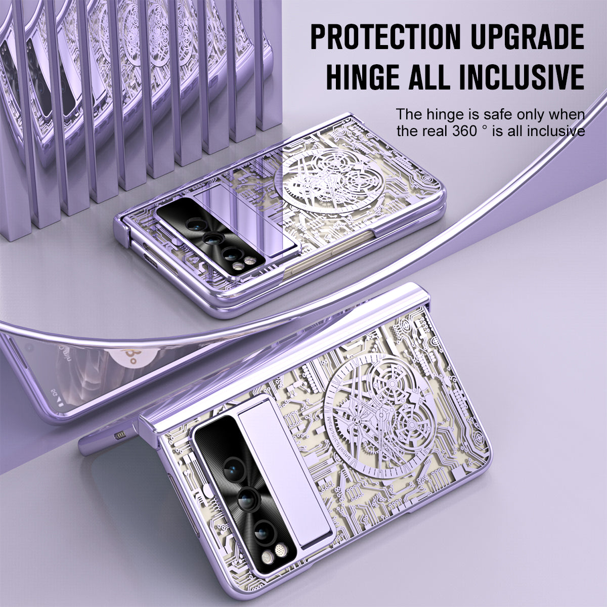 Folding PC Phone Case for Google Pixel Fold , Mechanical Legend Series Electroplating Cover with Tempered Glass Film