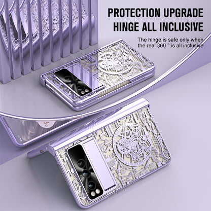 Folding PC Phone Case for Google Pixel Fold , Mechanical Legend Series Electroplating Cover with Tempered Glass Film