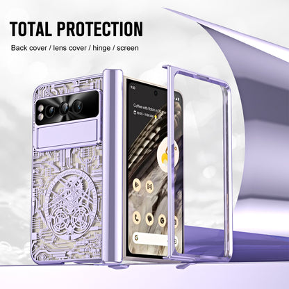 Folding PC Phone Case for Google Pixel Fold , Mechanical Legend Series Electroplating Cover with Tempered Glass Film