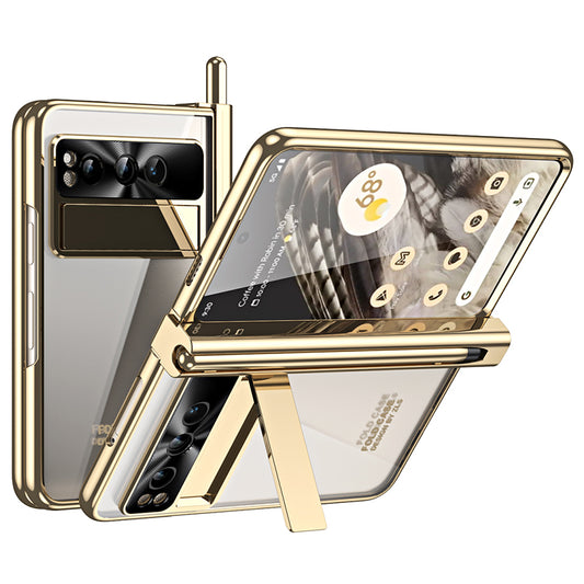 Kickstand Case for Google Pixel Fold , Electroplating PC Phone Cover with Tempered Glass Film and Stylus Pen