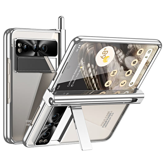 Kickstand Case for Google Pixel Fold , Electroplating PC Phone Cover with Tempered Glass Film and Stylus Pen