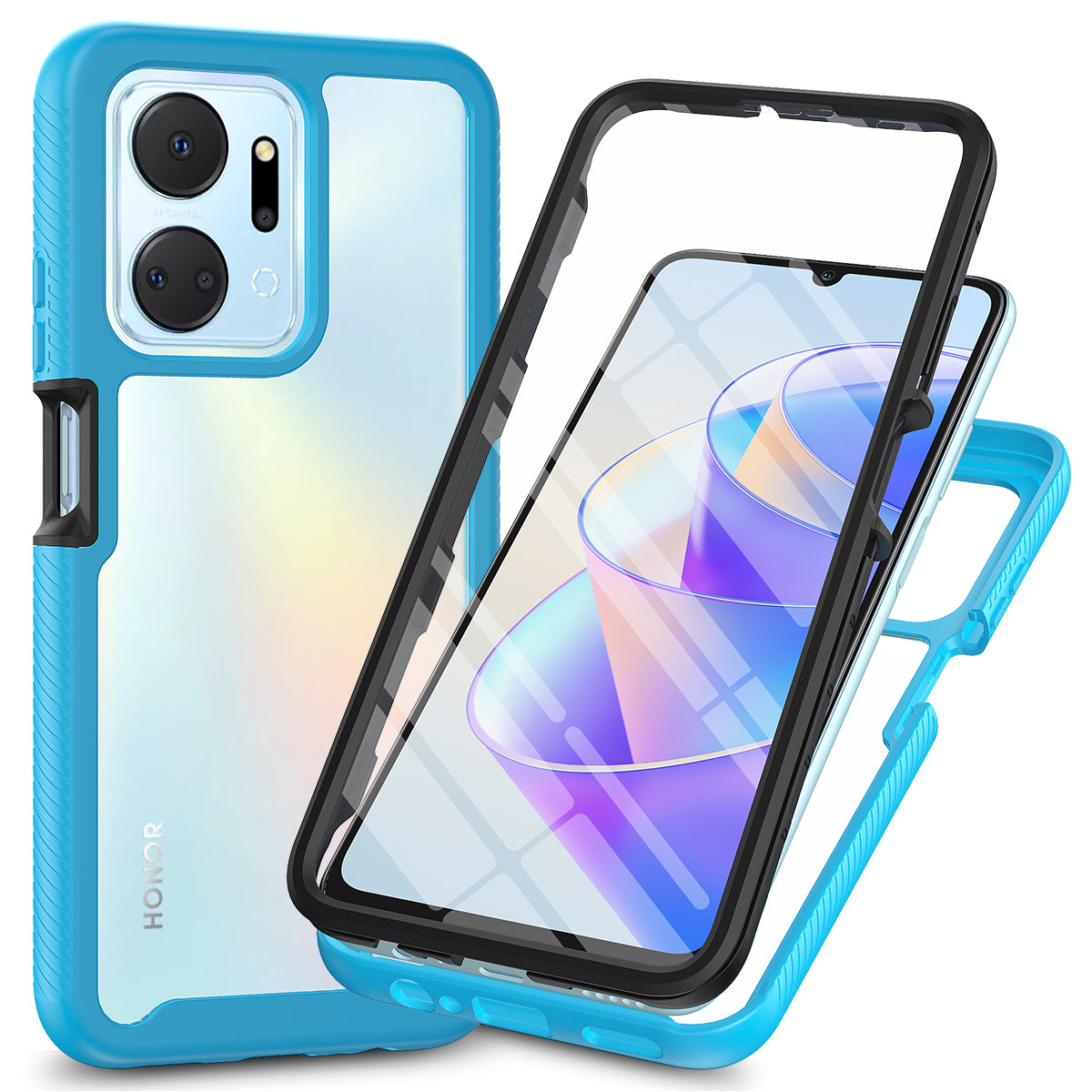 Phone Cover for Honor X7a 4G Shock-absorbing 3-in-1 Detachable Case with PET Screen Protector