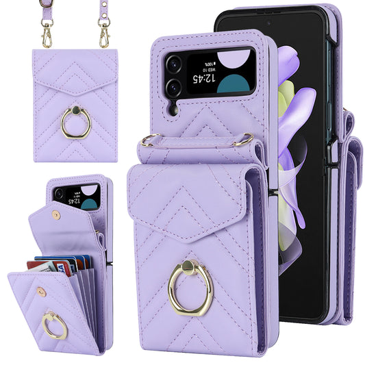 ZD 011 Card Bag Phone Case for Samsung Galaxy Z Flip3 5G, Ring Kickstand RFID Blocking Leather+PC Cover