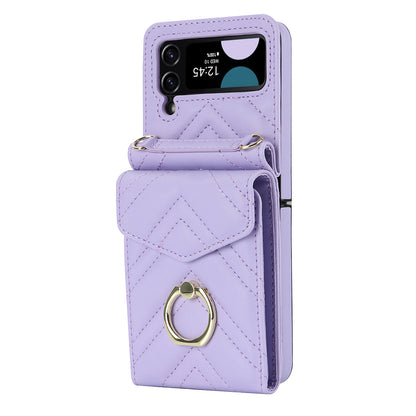 ZD 011 Card Bag Phone Case for Samsung Galaxy Z Flip3 5G, Ring Kickstand RFID Blocking Leather+PC Cover