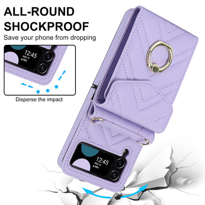 ZD 011 Card Bag Phone Case for Samsung Galaxy Z Flip3 5G, Ring Kickstand RFID Blocking Leather+PC Cover