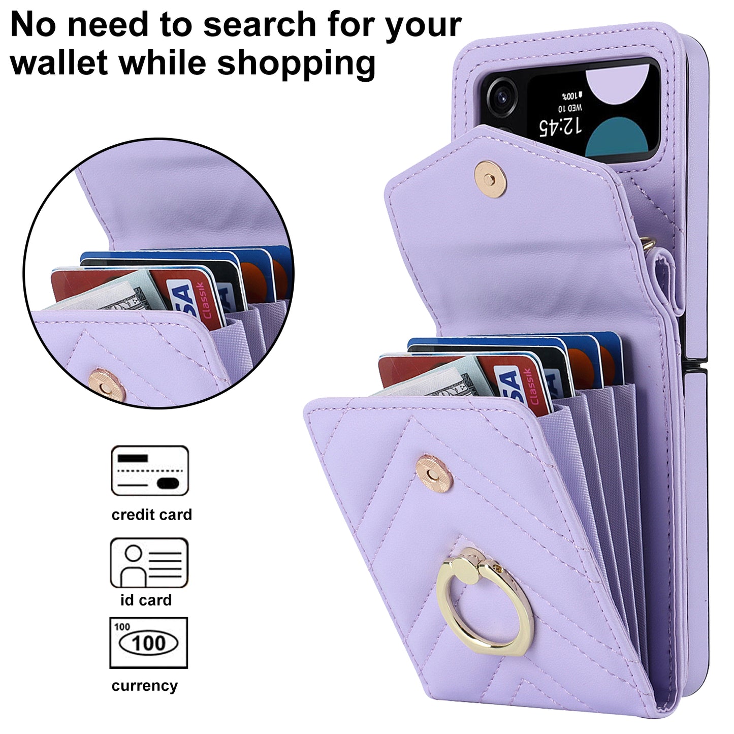 ZD 011 Card Bag Phone Case for Samsung Galaxy Z Flip3 5G, Ring Kickstand RFID Blocking Leather+PC Cover