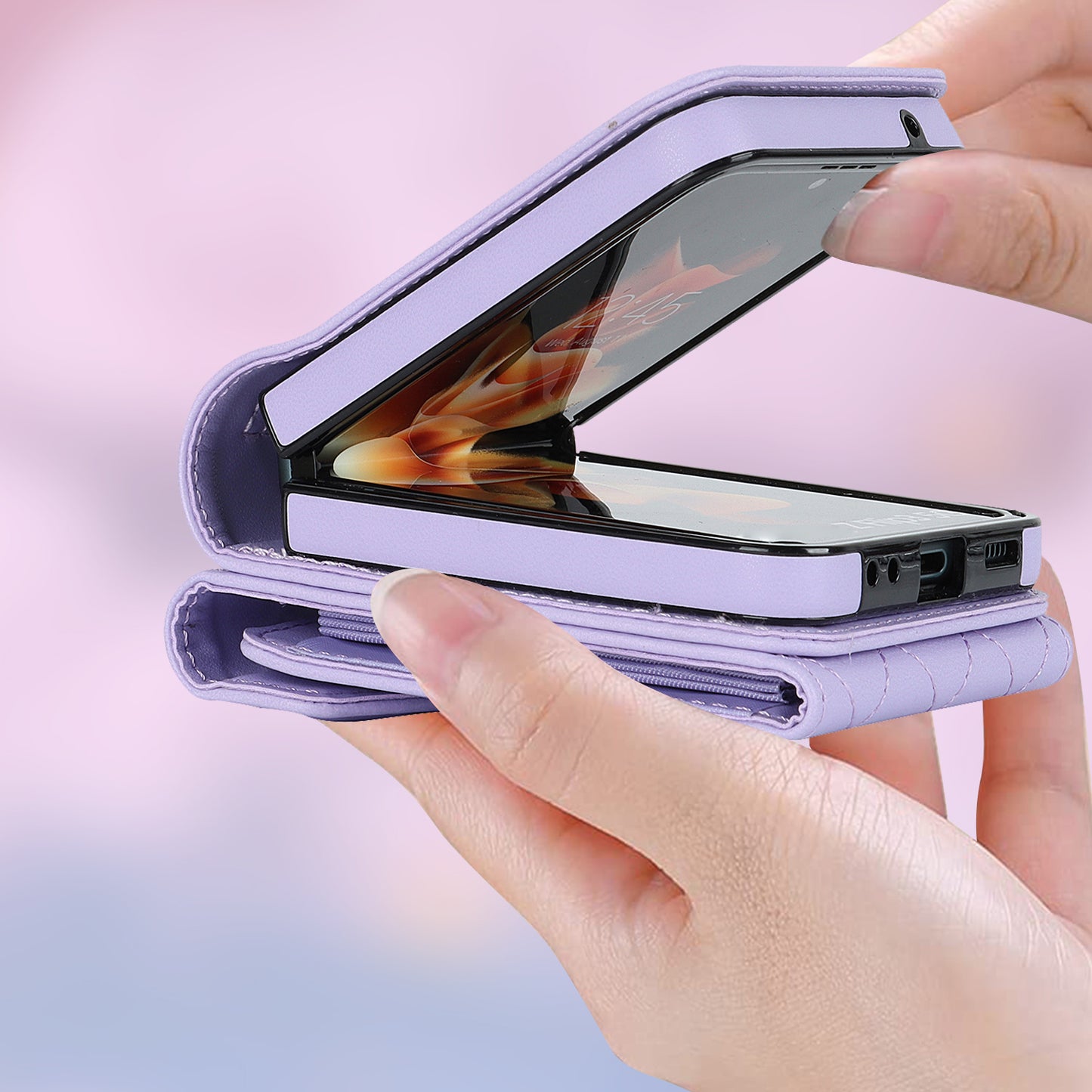 ZD 011 Card Bag Phone Case for Samsung Galaxy Z Flip3 5G, Ring Kickstand RFID Blocking Leather+PC Cover