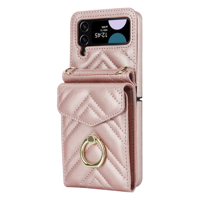 ZD 011 Card Bag Phone Case for Samsung Galaxy Z Flip3 5G, Ring Kickstand RFID Blocking Leather+PC Cover