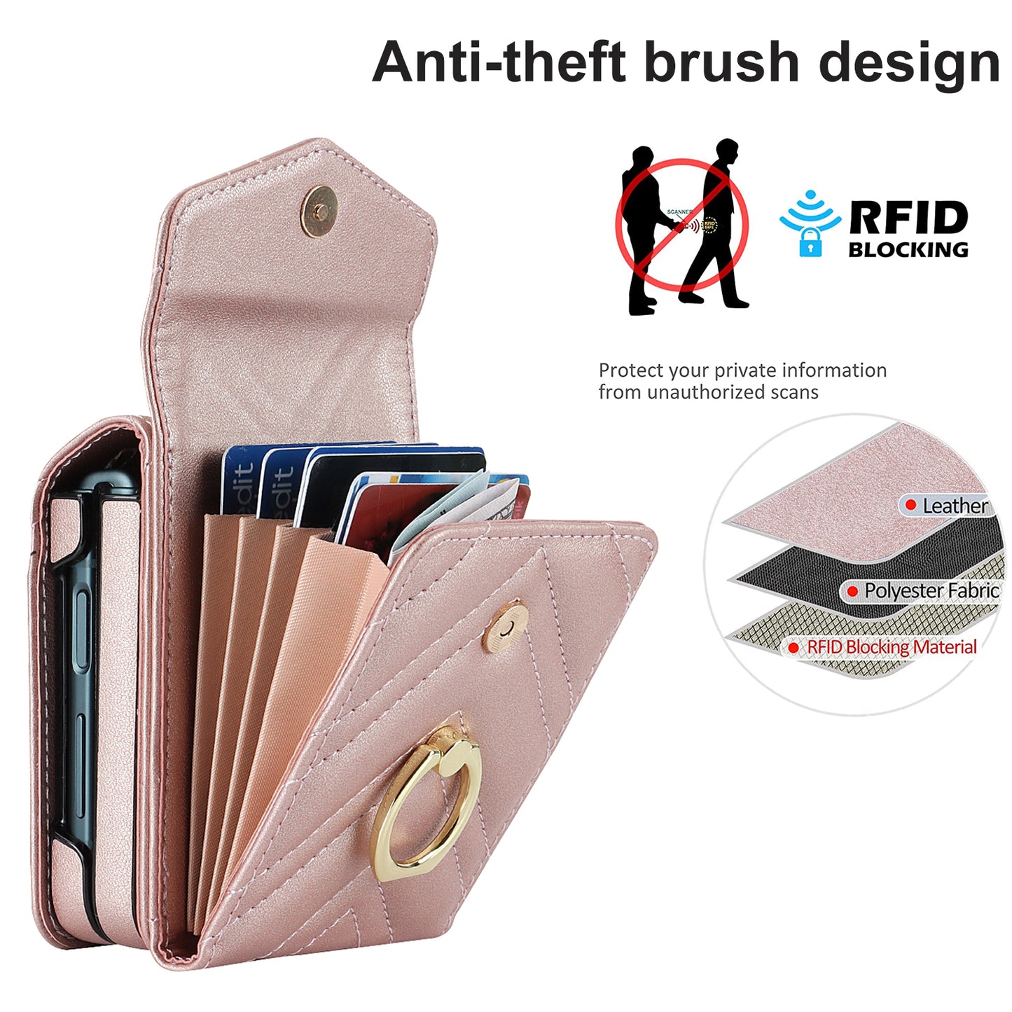 ZD 011 Card Bag Phone Case for Samsung Galaxy Z Flip3 5G, Ring Kickstand RFID Blocking Leather+PC Cover