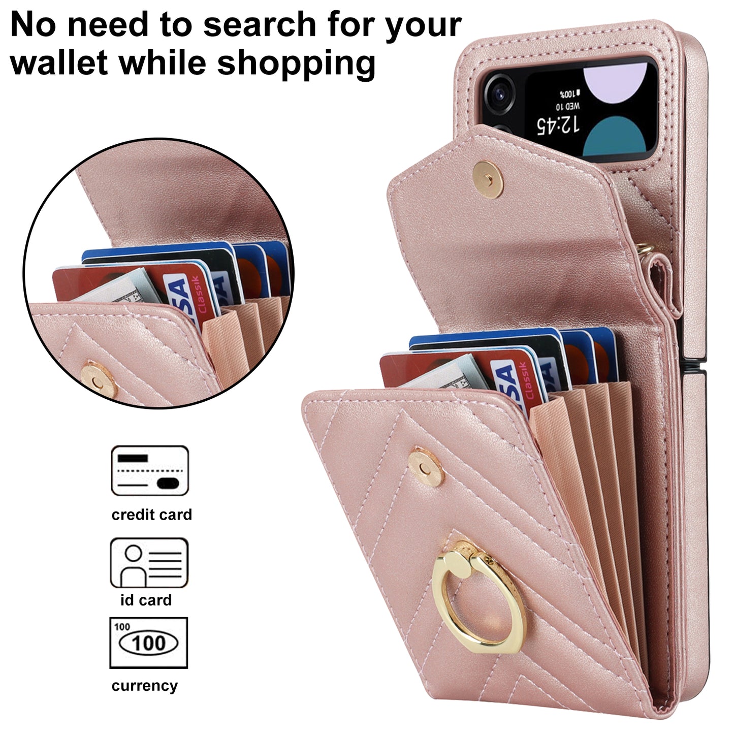 ZD 011 Card Bag Phone Case for Samsung Galaxy Z Flip3 5G, Ring Kickstand RFID Blocking Leather+PC Cover