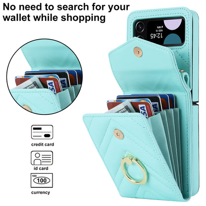 ZD 011 Card Bag Phone Case for Samsung Galaxy Z Flip3 5G, Ring Kickstand RFID Blocking Leather+PC Cover