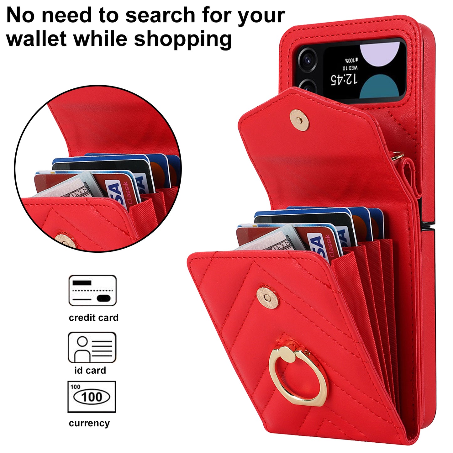 ZD 011 Card Bag Phone Case for Samsung Galaxy Z Flip3 5G, Ring Kickstand RFID Blocking Leather+PC Cover