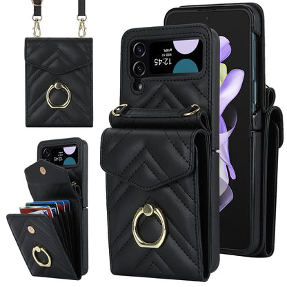 ZD 011 Card Bag Phone Case for Samsung Galaxy Z Flip3 5G, Ring Kickstand RFID Blocking Leather+PC Cover