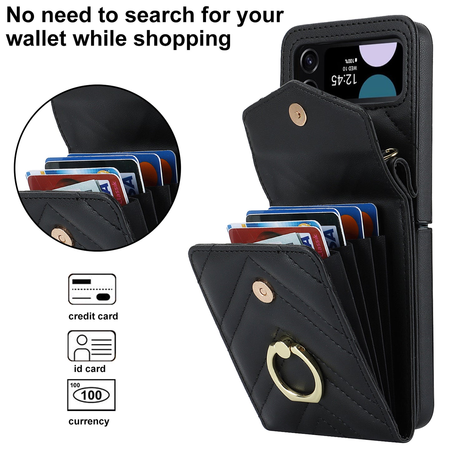ZD 011 Card Bag Phone Case for Samsung Galaxy Z Flip3 5G, Ring Kickstand RFID Blocking Leather+PC Cover