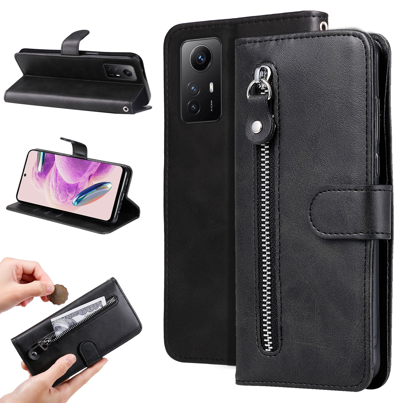 For Xiaomi Redmi Note 12S 4G Calf Texture Phone Case Stand Zipper Pocket Wallet Cover