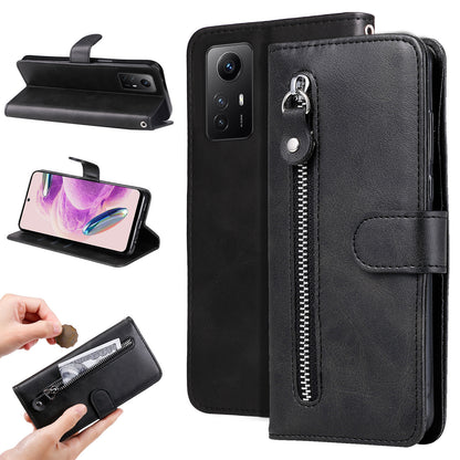 For Xiaomi Redmi Note 12S 4G Calf Texture Phone Case Stand Zipper Pocket Wallet Cover