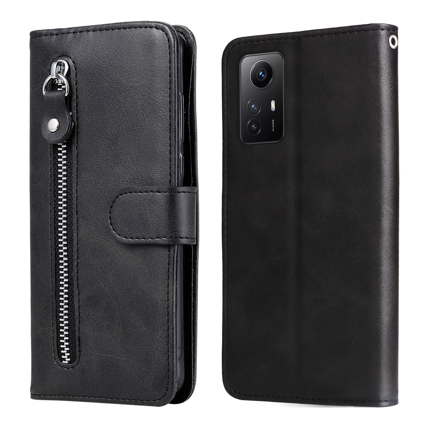 For Xiaomi Redmi Note 12S 4G Calf Texture Phone Case Stand Zipper Pocket Wallet Cover