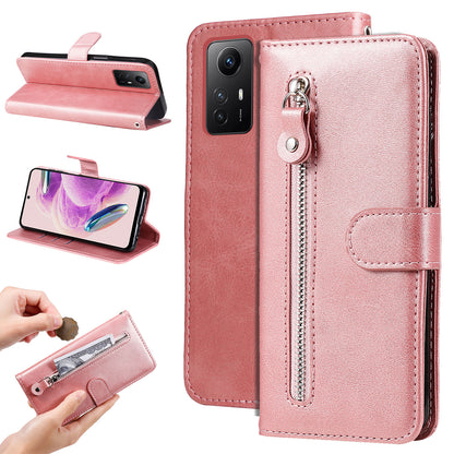 For Xiaomi Redmi Note 12S 4G Calf Texture Phone Case Stand Zipper Pocket Wallet Cover