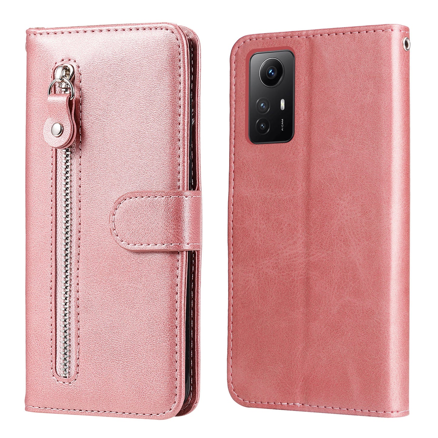 For Xiaomi Redmi Note 12S 4G Calf Texture Phone Case Stand Zipper Pocket Wallet Cover
