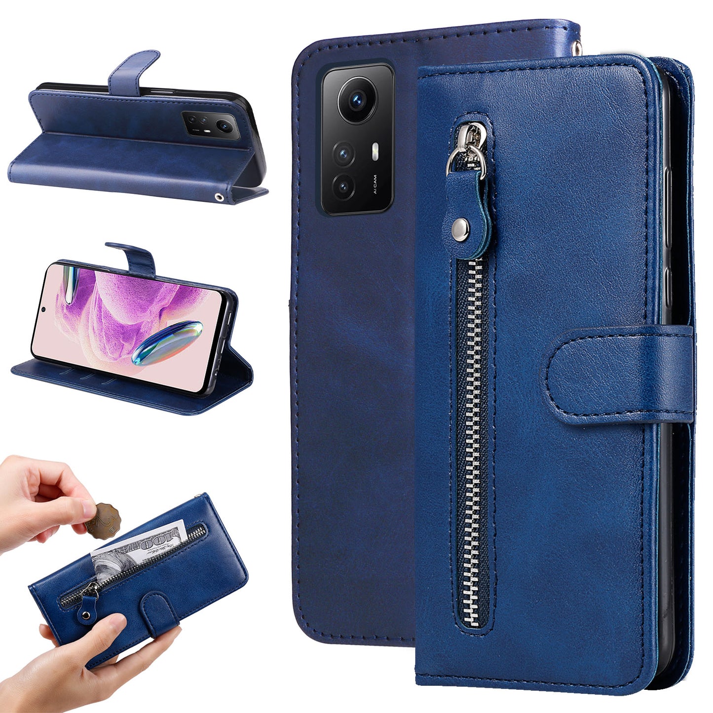 For Xiaomi Redmi Note 12S 4G Calf Texture Phone Case Stand Zipper Pocket Wallet Cover