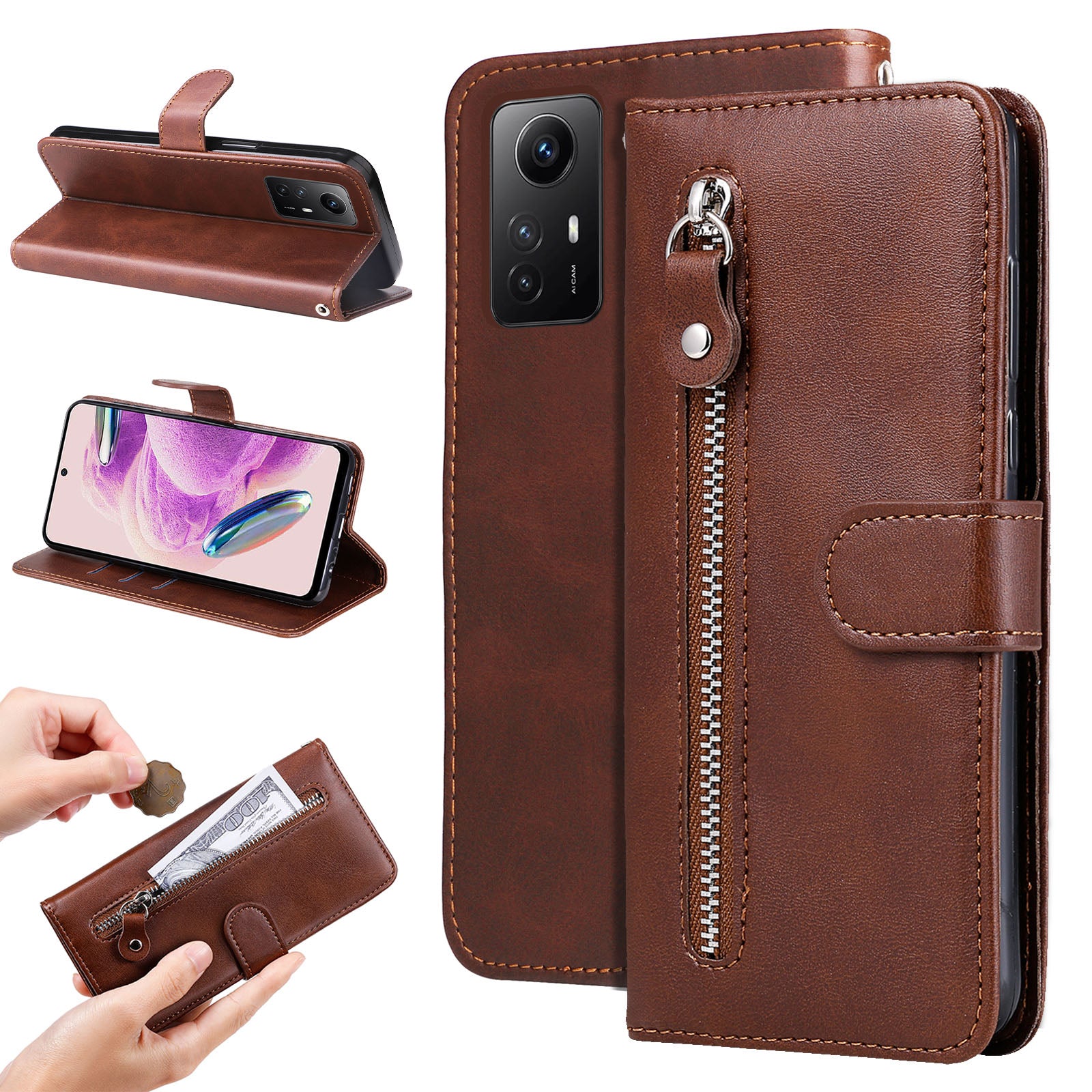 For Xiaomi Redmi Note 12S 4G Calf Texture Phone Case Stand Zipper Pocket Wallet Cover