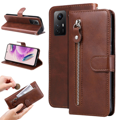 For Xiaomi Redmi Note 12S 4G Calf Texture Phone Case Stand Zipper Pocket Wallet Cover