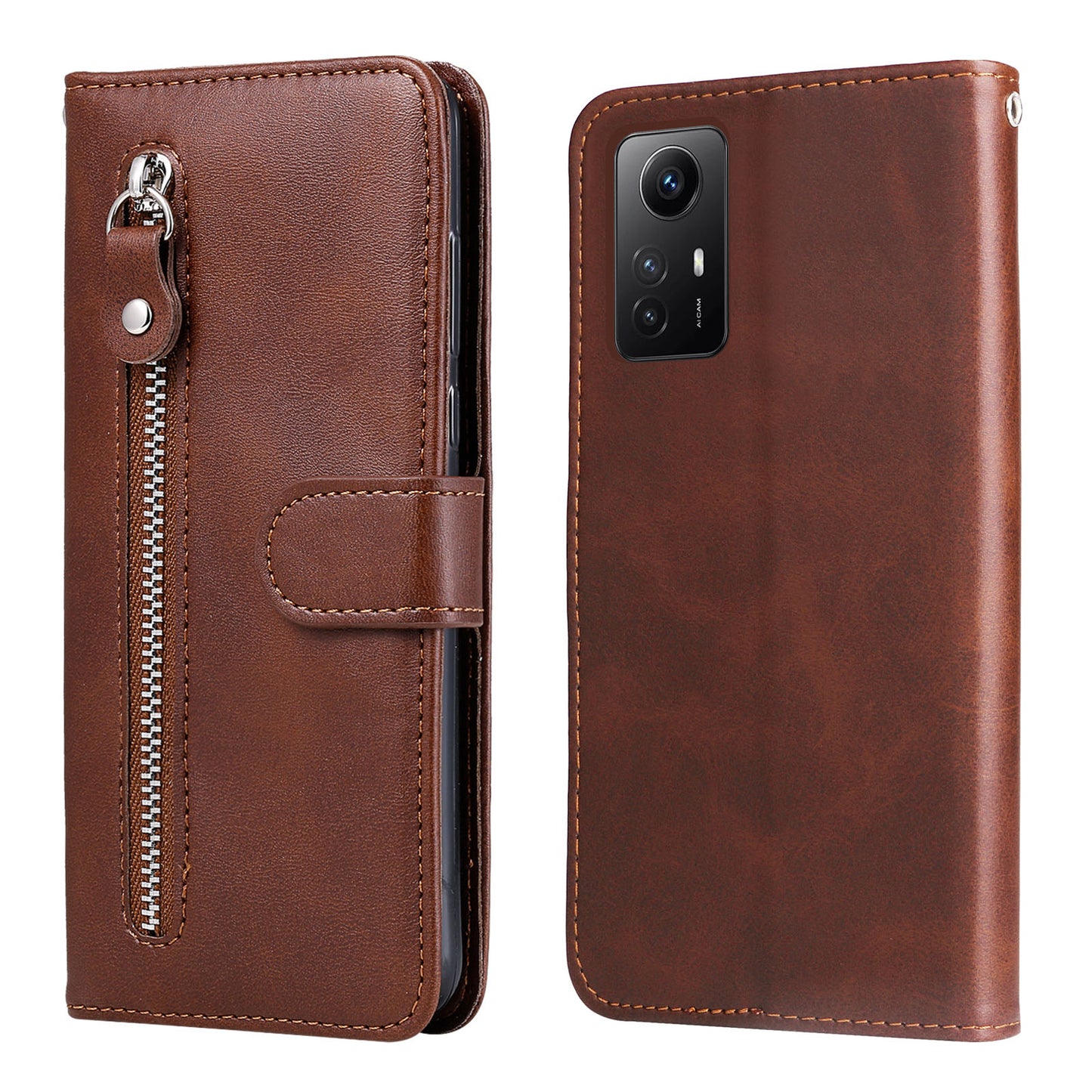 For Xiaomi Redmi Note 12S 4G Calf Texture Phone Case Stand Zipper Pocket Wallet Cover