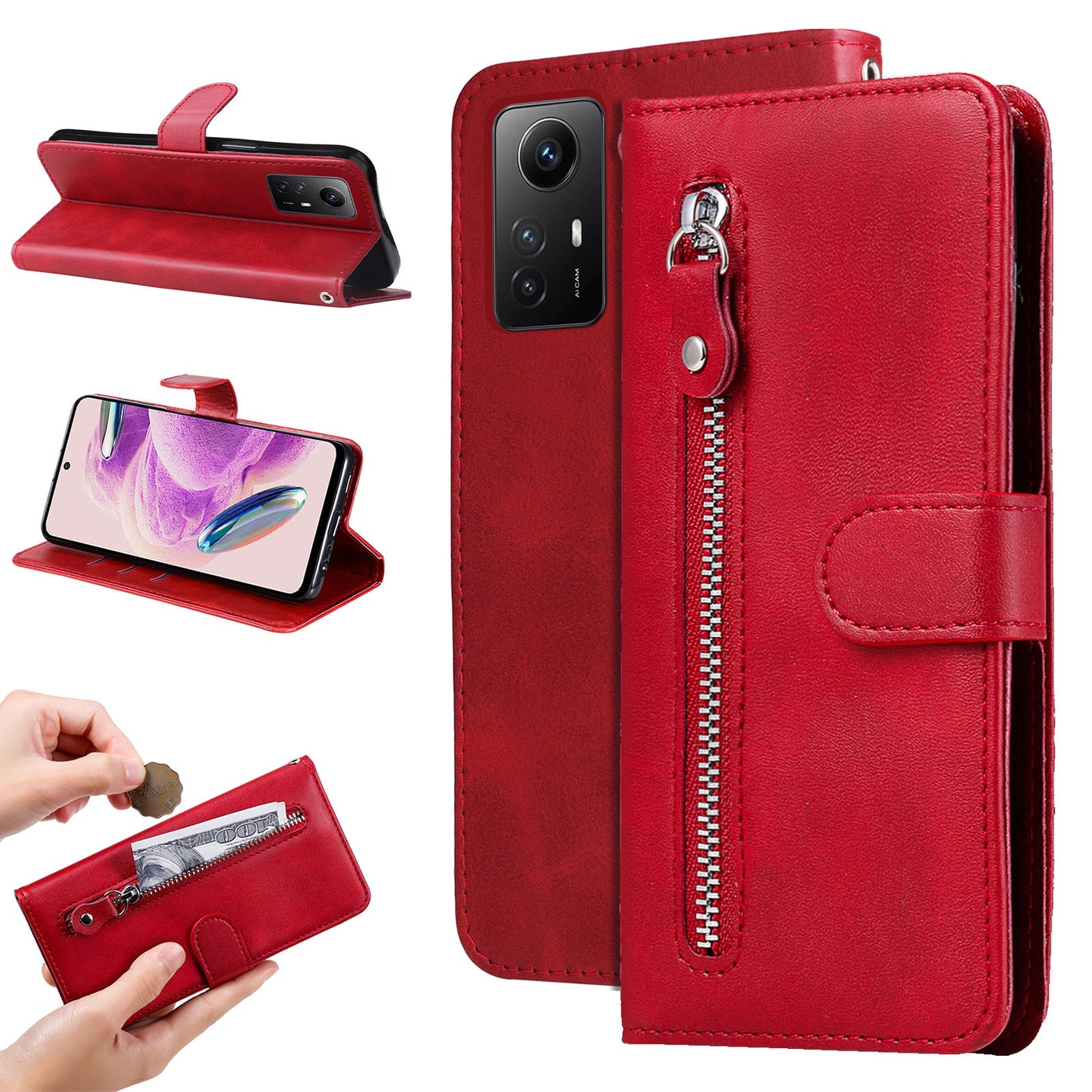 For Xiaomi Redmi Note 12S 4G Calf Texture Phone Case Stand Zipper Pocket Wallet Cover