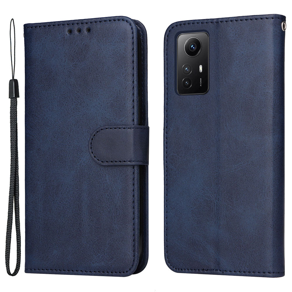 For Xiaomi Redmi Note 12S 4G Anti-Scratch PU Leather Wallet Cover Calf Texture Stand Case with Strap