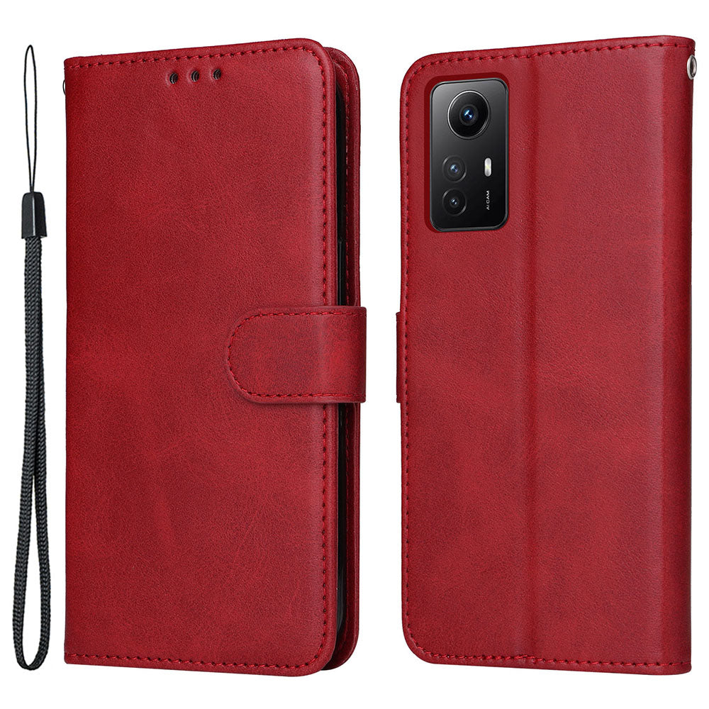 For Xiaomi Redmi Note 12S 4G Anti-Scratch PU Leather Wallet Cover Calf Texture Stand Case with Strap